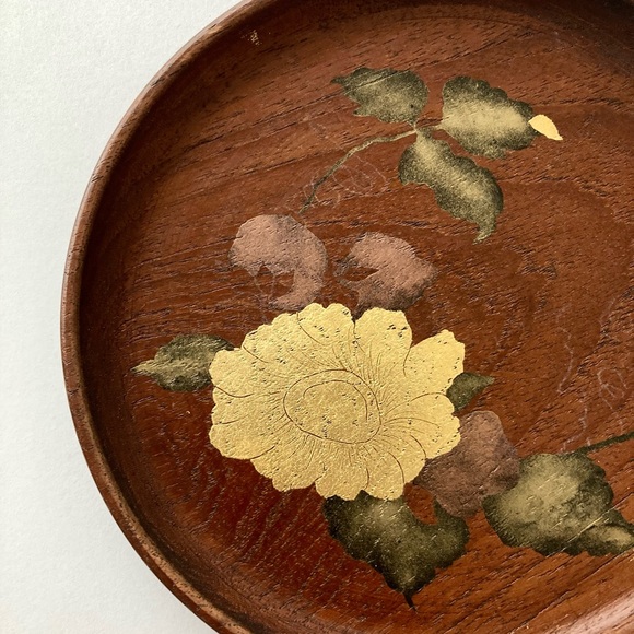 kay bojesen denmark teak mid century round plate dish hand painted golden rose - Picture 2 of 9